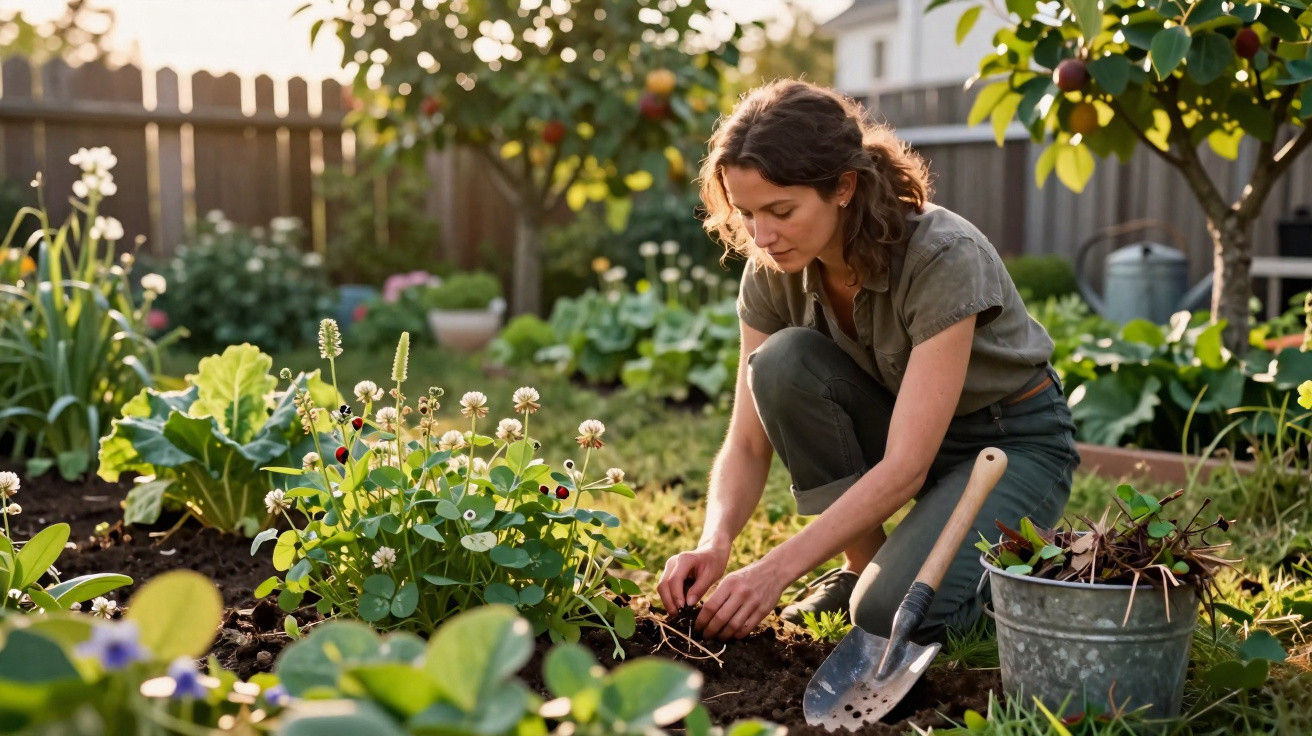 Woman gardening in a lush backyard, tending plants with a spade and a bucket of garden waste nearby.