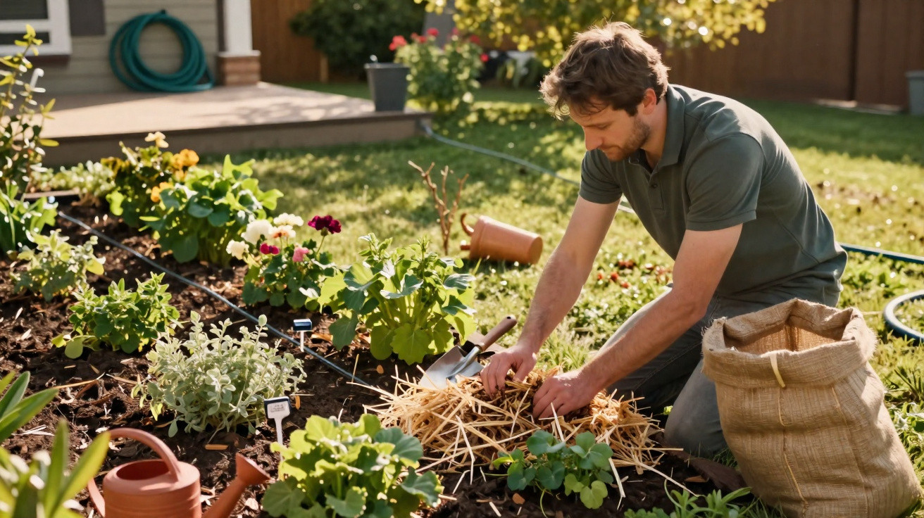 Man kneeling and mulching plants in a garden bed on a sunny day with gardening tools nearby.