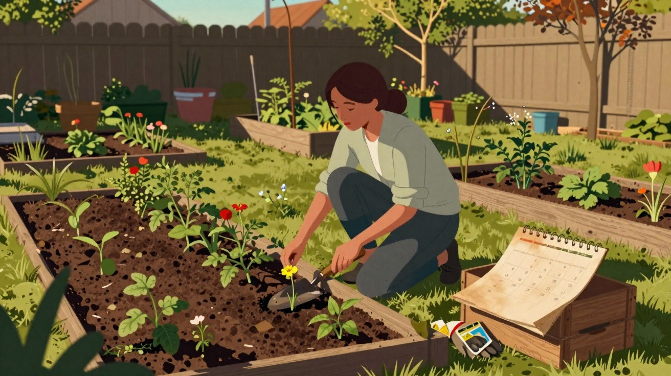 Woman gardening in raised flower beds with calendar and gardening tools in a sunny backyard.