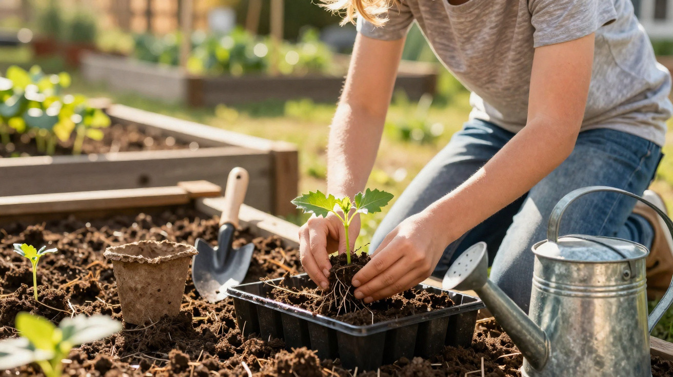 Child planting a young seedling in a garden bed with gardening tools and a watering can nearby.