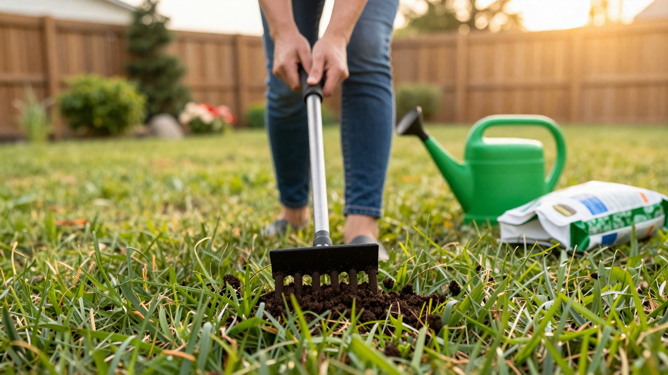 Person using a hand cultivator to till soil in a garden lawn with watering can and soil bag nearby.
