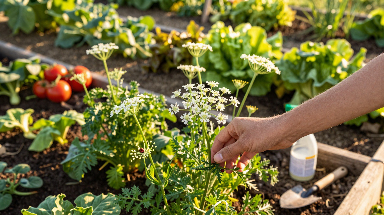 Hand reaching to pick white flowers growing in a vegetable garden with fresh tomatoes in the background.