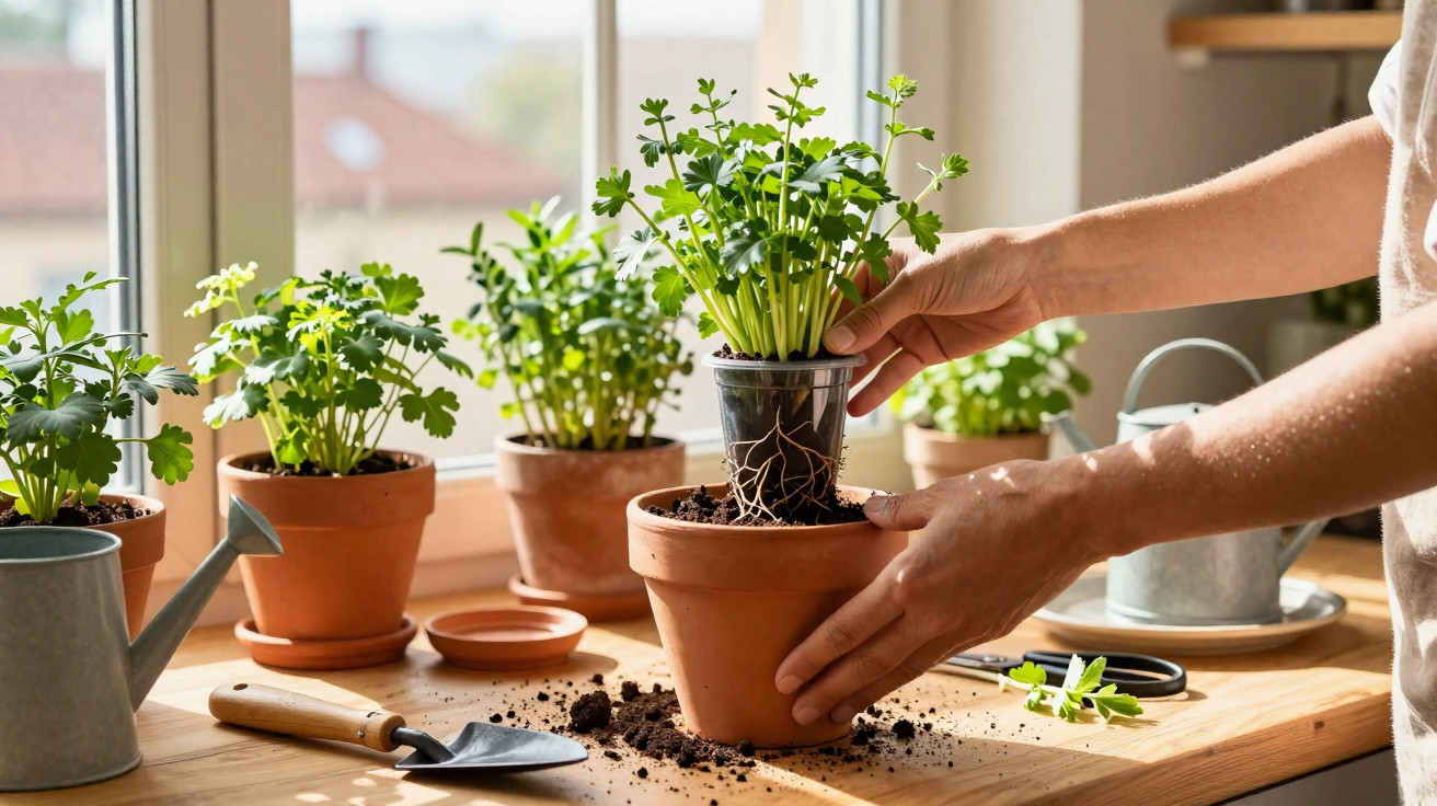 Person repotting a green herb plant into a terracotta pot on a sunny windowsill with gardening tools nearby.