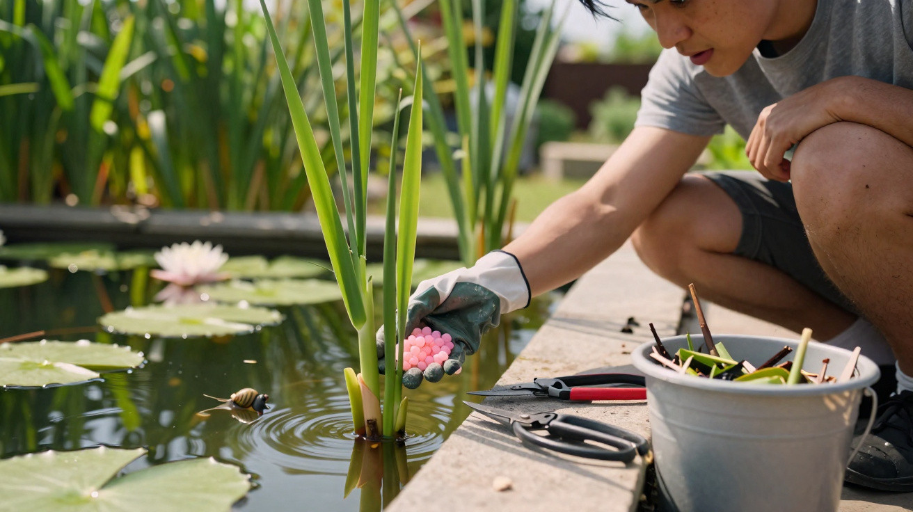 Person wearing glove placing pink fish eggs into a pond near aquatic plants on a sunny day