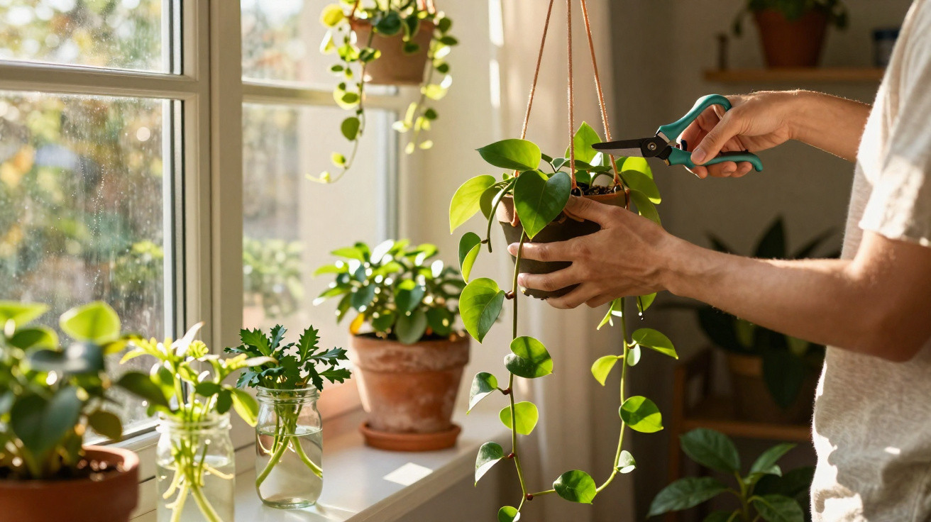 Person pruning hanging green plant near window with several other potted plants in sunlight