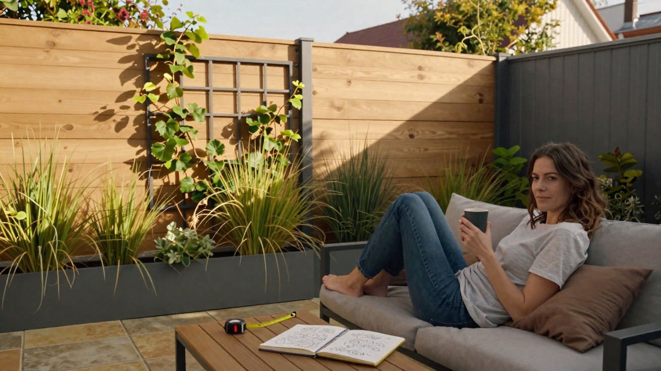Woman relaxing on outdoor sofa with a cup, notebook, tape measure, and plants on a sunny terrace.