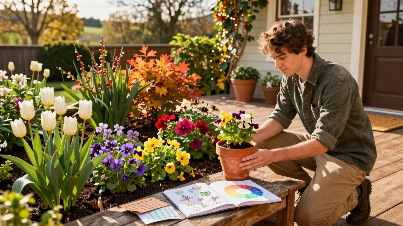 Young man planting colourful flowers on a wooden deck with gardening book open besides him.