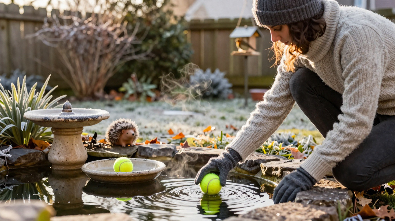Person wearing winter clothes placing a tennis ball on a small garden pond with steam rising.