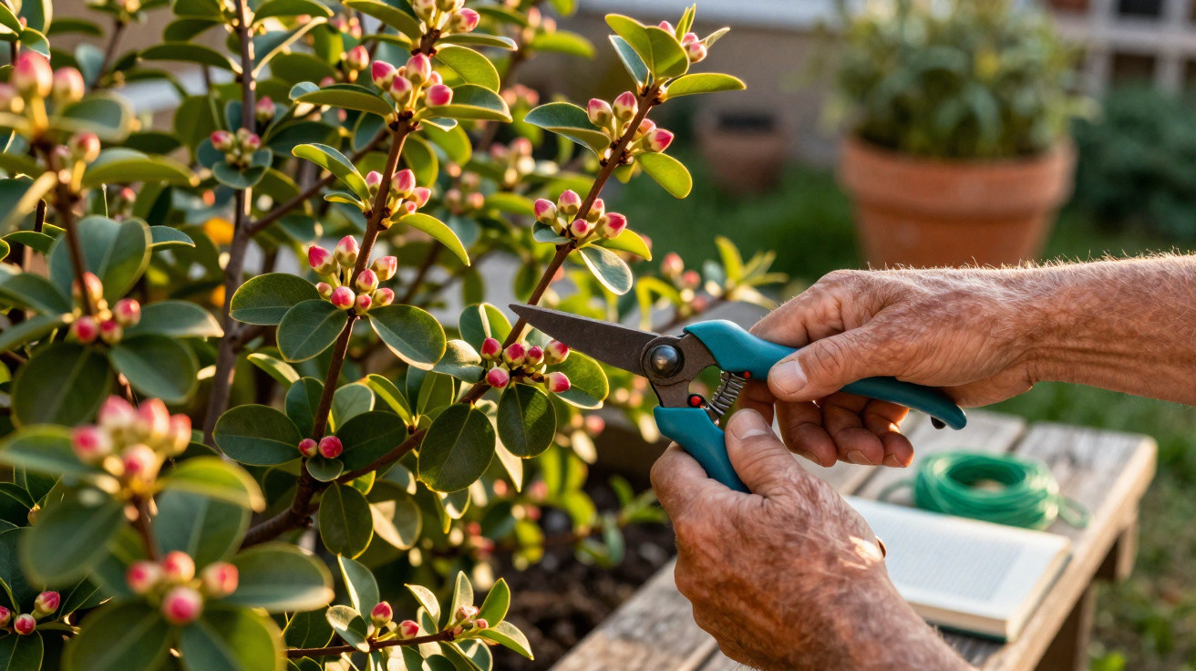 Hands with pruning shears trimming small pink buds on a green shrub in a garden setting.