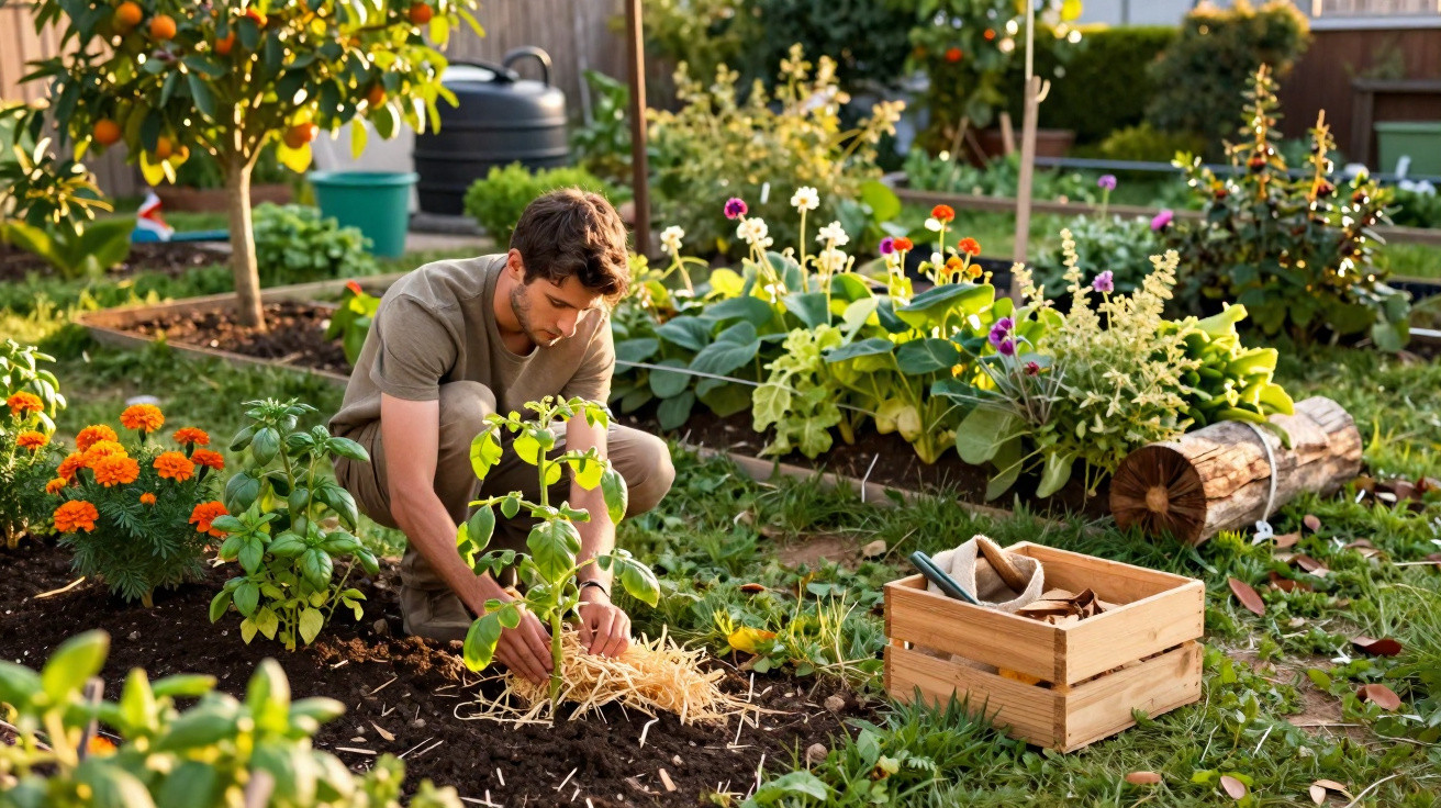 Man kneeling and mulching a plant in a sunny garden with flowers and an orange tree nearby
