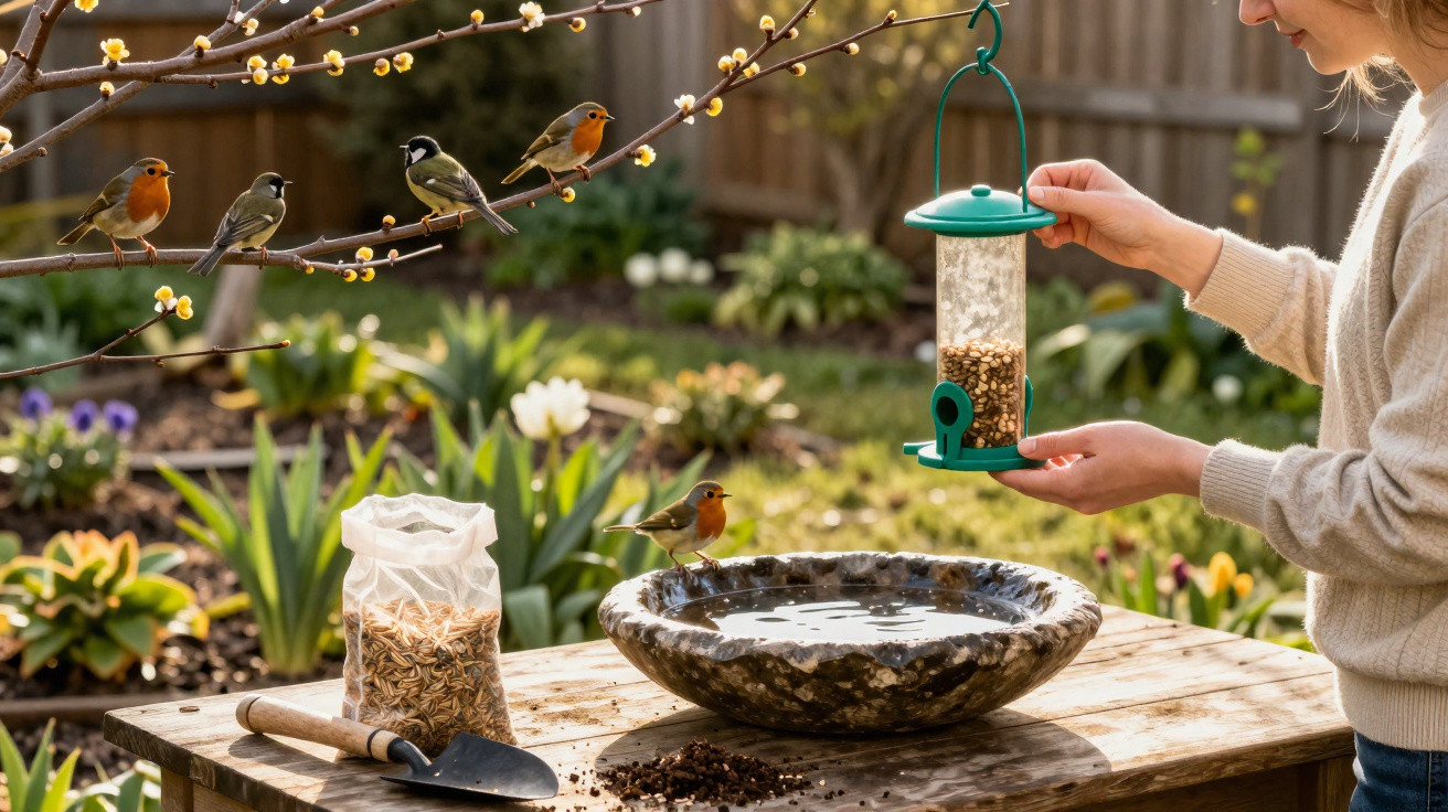 Person filling green bird feeder near stone birdbath with five birds on blossoming branch in garden.