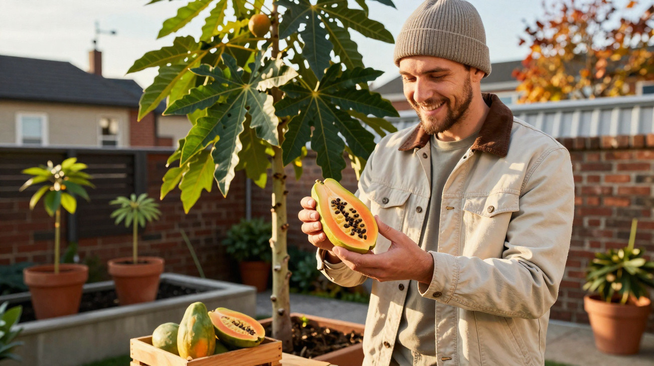 Man in a beanie holding a halved papaya in a garden with papaya plants and a wooden crate of fruit.