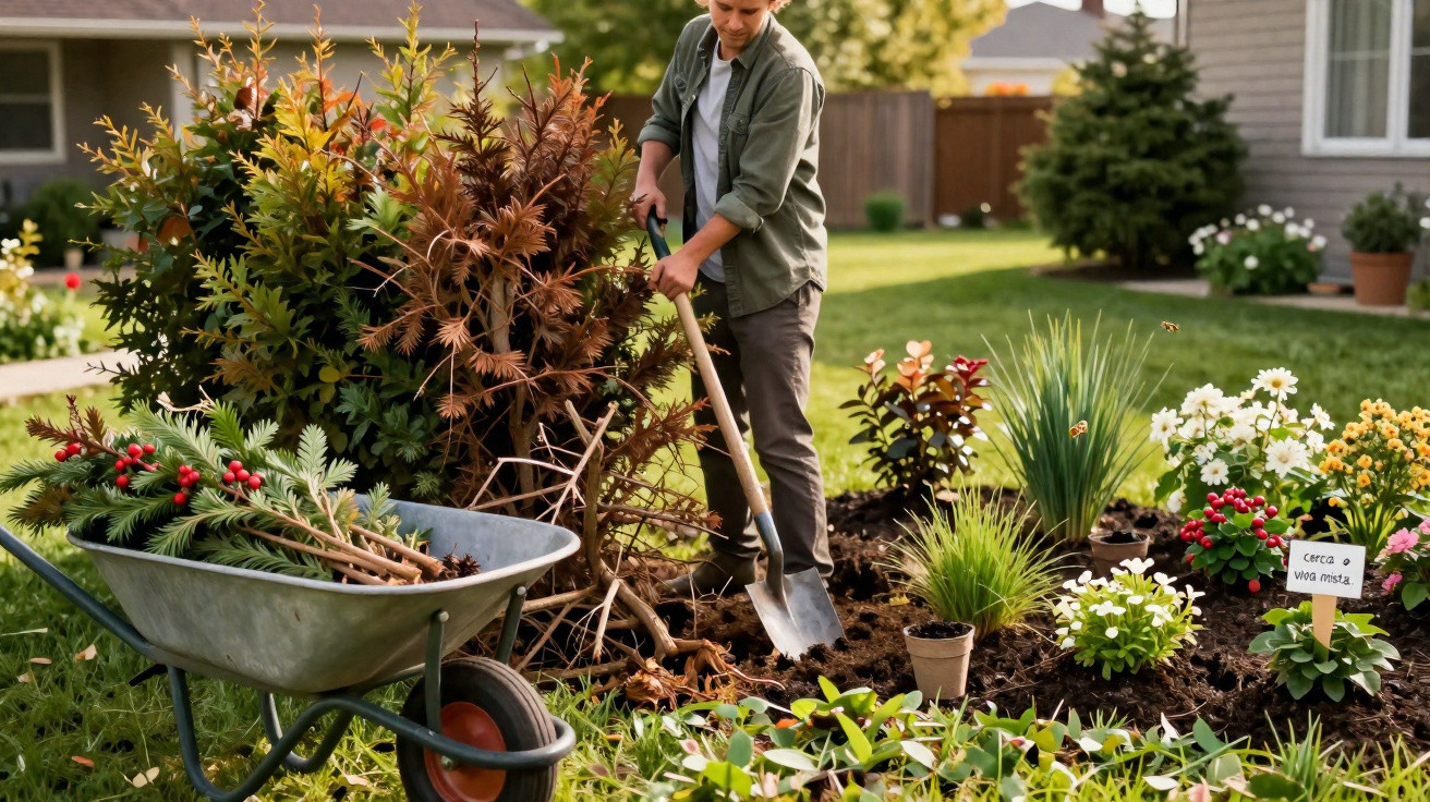 Person gardening with a shovel near a flower bed and a wheelbarrow filled with branches in a sunny backyard.