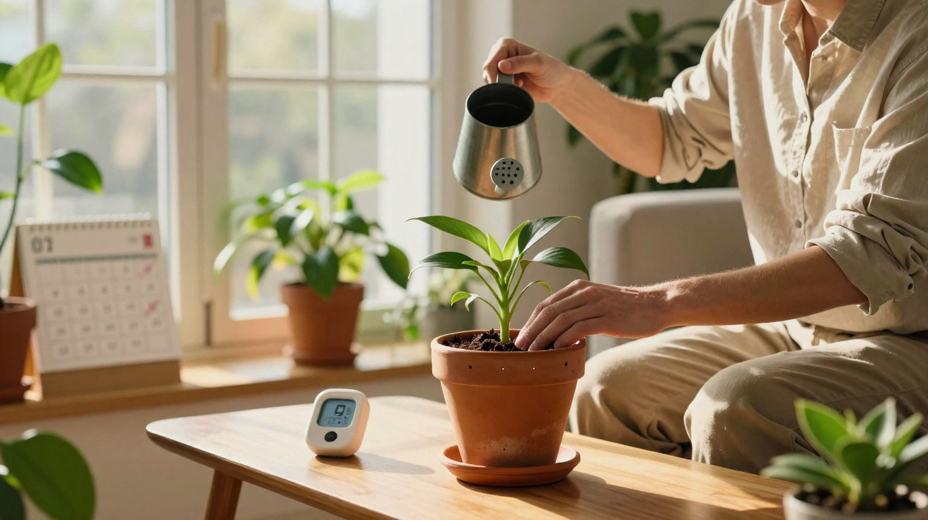 Person watering a potted plant indoors near a window with sunlight and a calendar on the table.