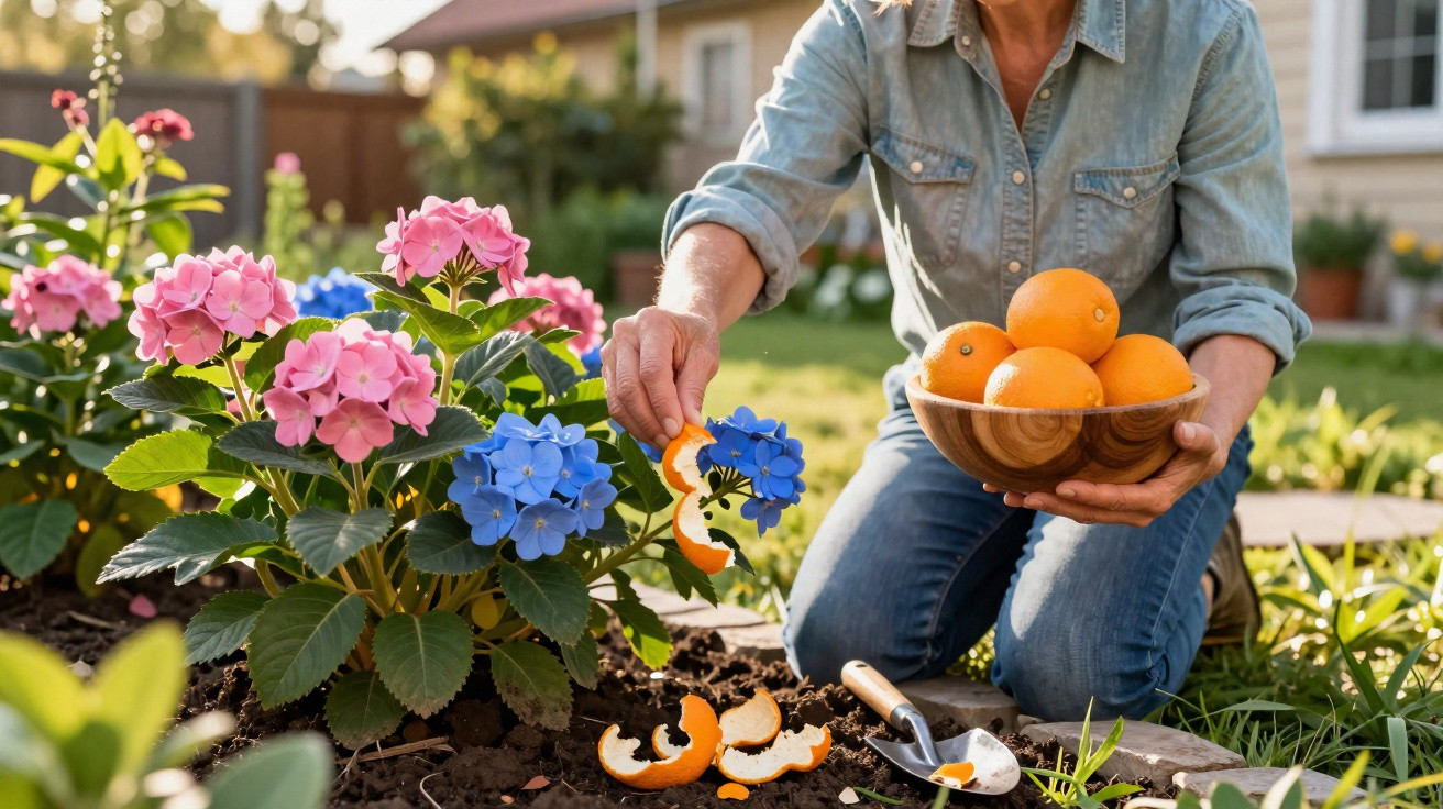 Person kneeling in garden feeding orange peels to blue and pink flowering plants on a sunny day.