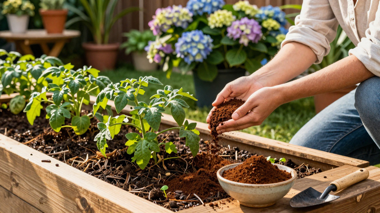 Person adding soil to a raised wooden garden bed with young tomato plants and colourful flowers in background.
