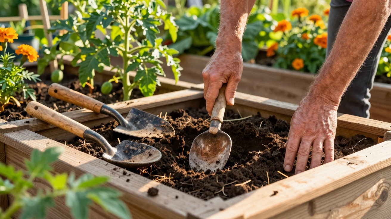 Hands using a garden trowel to dig soil in a raised wooden planter box surrounded by flowers and plants.