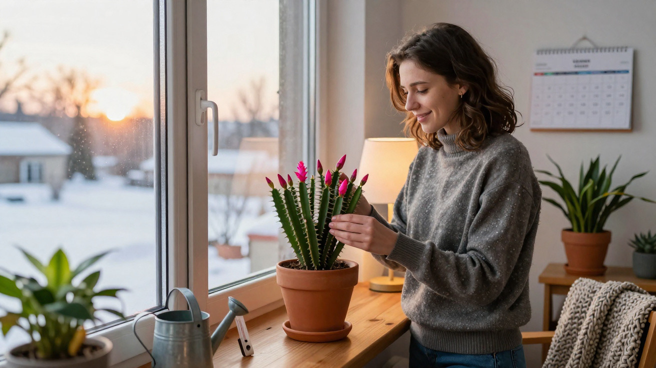 Young woman tending to a blooming cactus plant by a window in a cosy room at sunset.