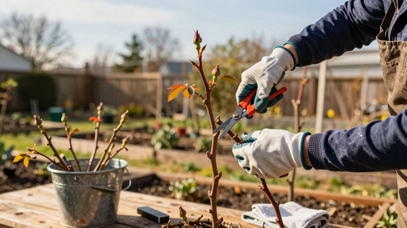 Person pruning rose stems with secateurs on a wooden table in a sunny garden.