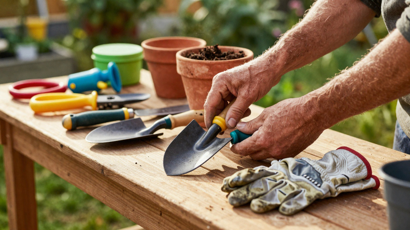 Hands holding a garden trowel on a wooden table with gardening tools, pots, and gloves in an outdoor setting.