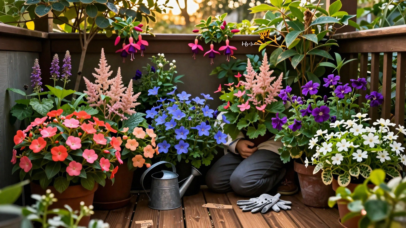 Assorted colourful flowers in pots on a wooden balcony with a person partially hidden behind plants.