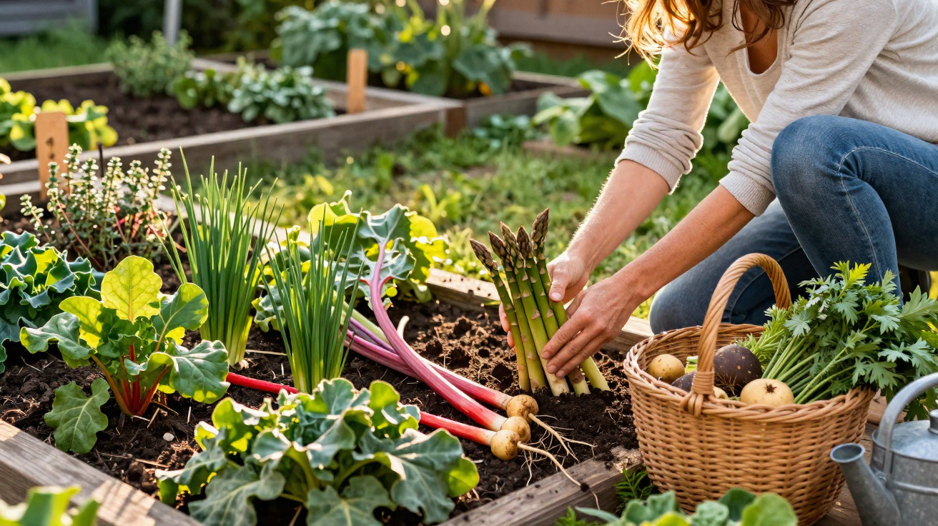 Person harvesting fresh asparagus from a raised garden bed with other vegetables and a wicker basket nearby