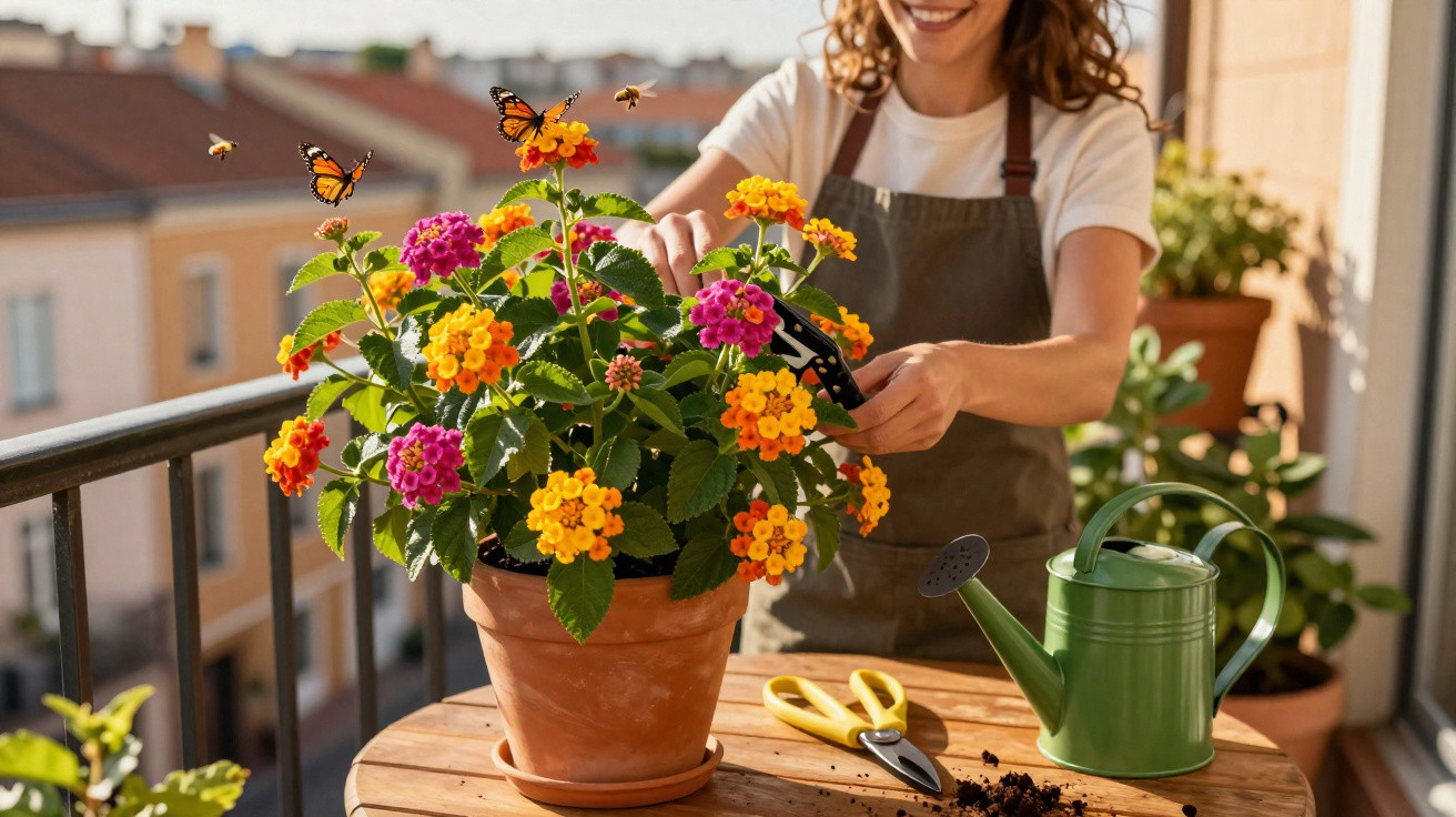 Person tending to colourful flowering plant on balcony with bees and a watering can nearby.
