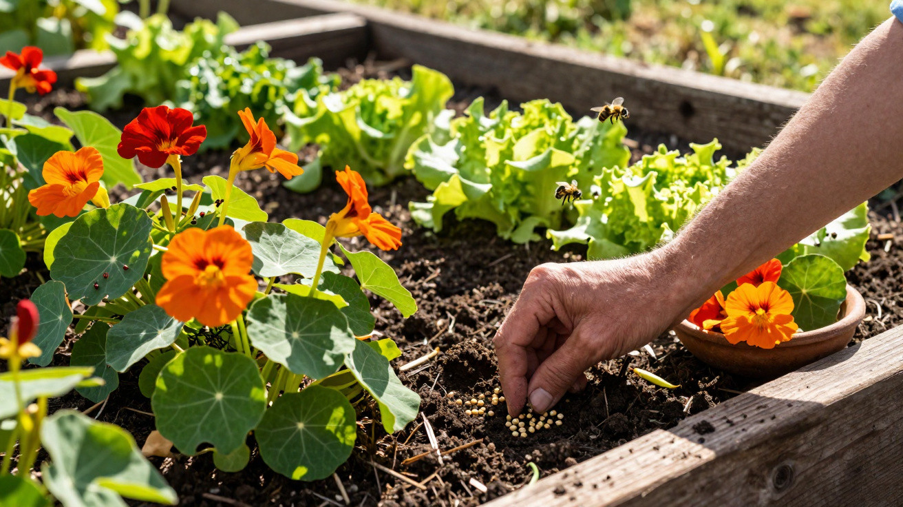 Hand sowing seeds in soil of a raised garden bed with orange flowers and green lettuce leaves nearby.