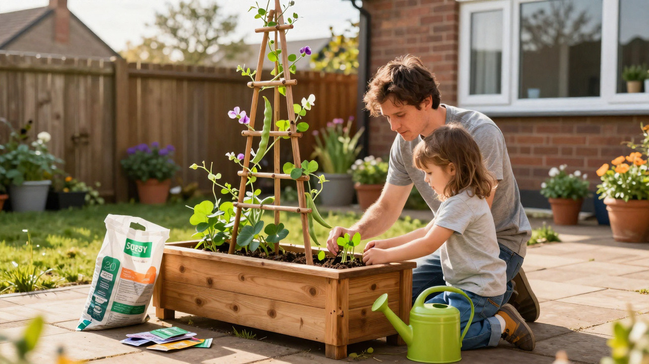 Father and daughter planting seedlings in a wooden raised garden bed on a sunny patio.