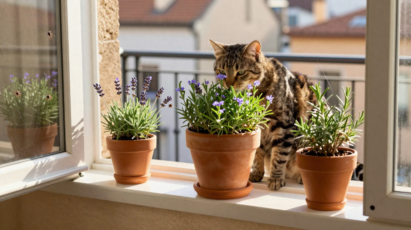 Tabby cat sniffing lavender plants in terracotta pots on a sunny windowsill with open windows.