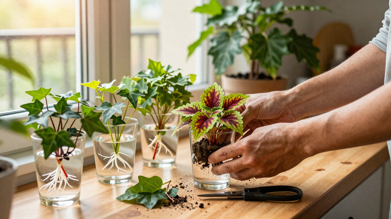 Person repotting a colourful houseplant on a wooden surface next to glass jars with ivy cuttings in water.