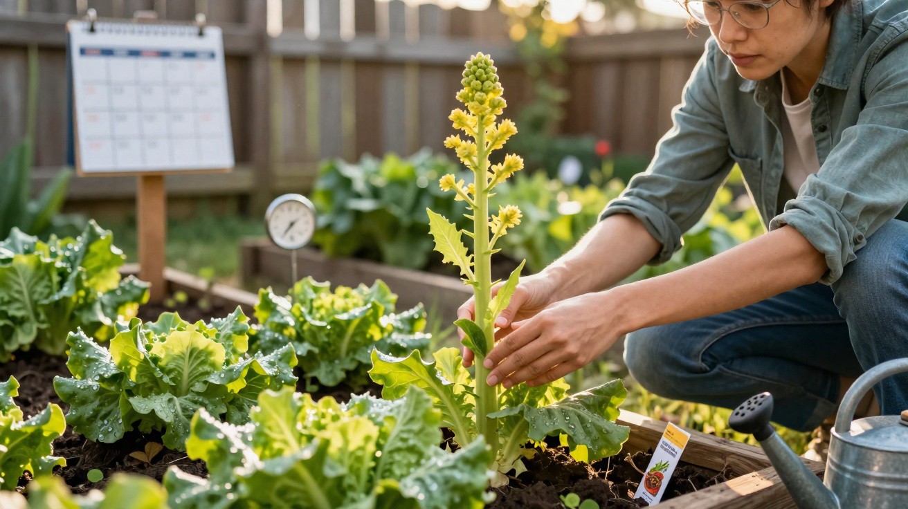 Person tending to a tall flowering plant in a raised garden bed with leafy greens and a watering can nearby.