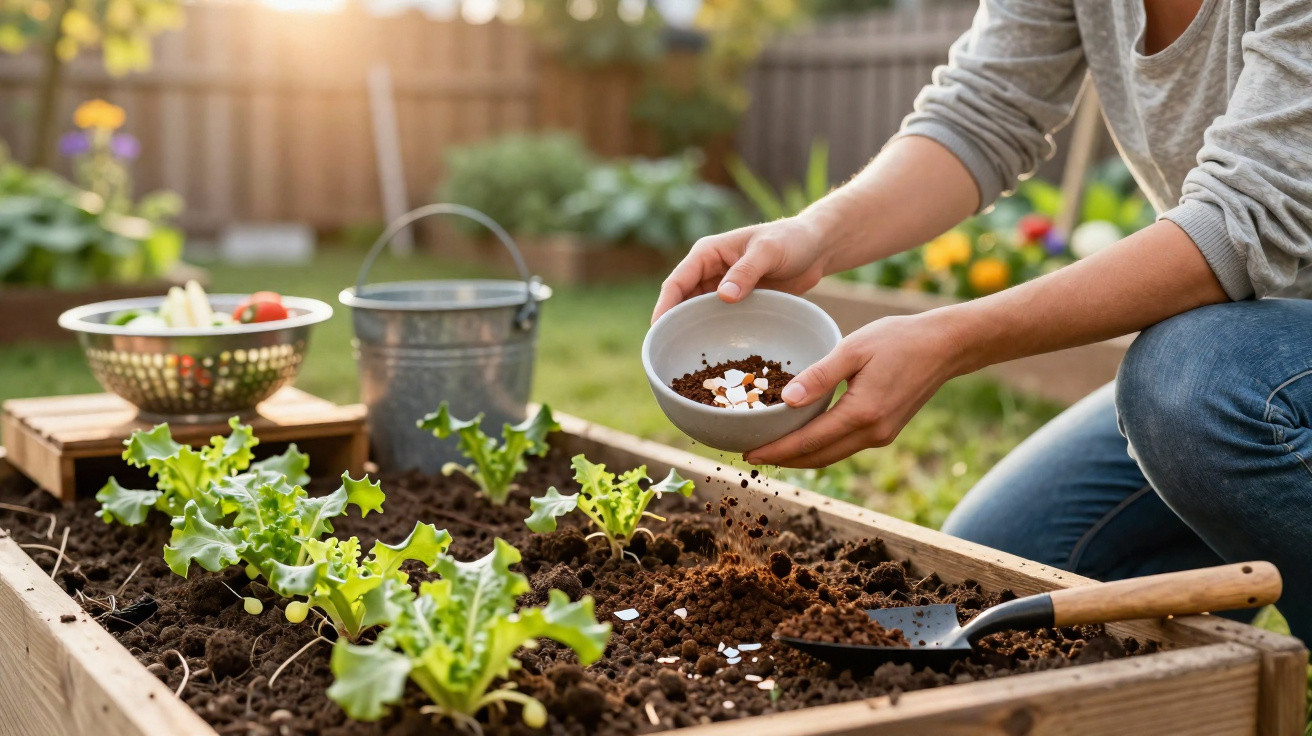 Person sprinkling fertiliser on young lettuce plants in a raised garden bed outdoors on a sunny day.