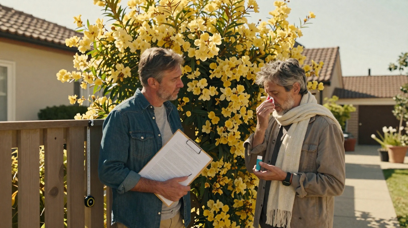 Two men standing by a wooden gate, one holding papers, the other using an asthma inhaler under yellow flowering bushes.