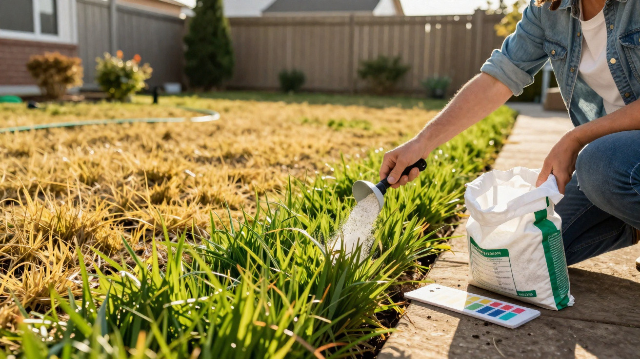 Person applying granular fertilizer to green plants beside a dry, yellowing lawn in a garden.