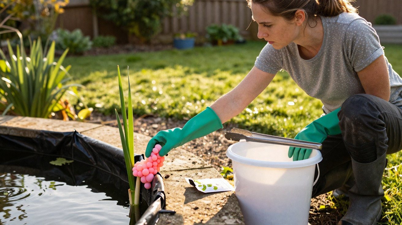 Woman in green gloves placing pink fish eggs into a garden pond beside a white bucket and tongs.