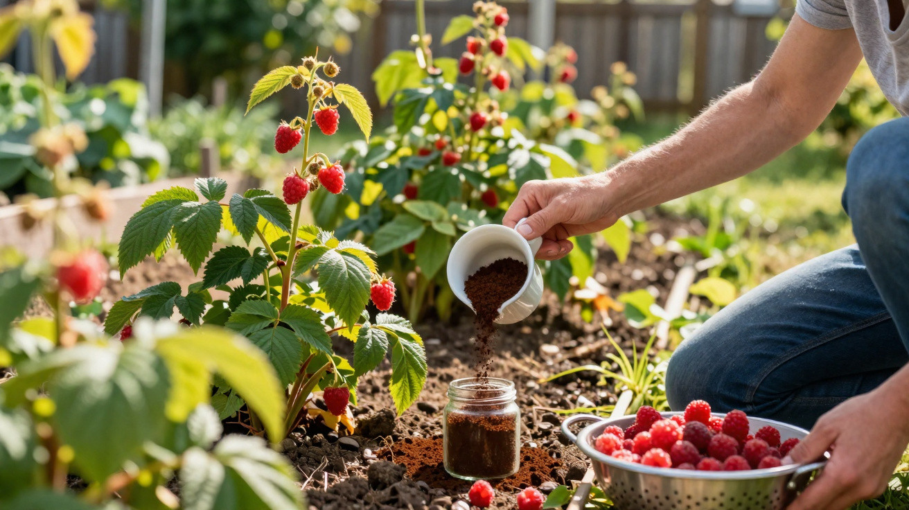 Person pouring coffee grounds into a jar beside raspberry plants with fresh raspberries in a colander.