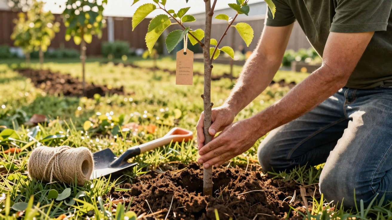 Person planting a young tree in soil in a sunny garden with gardening tools nearby.