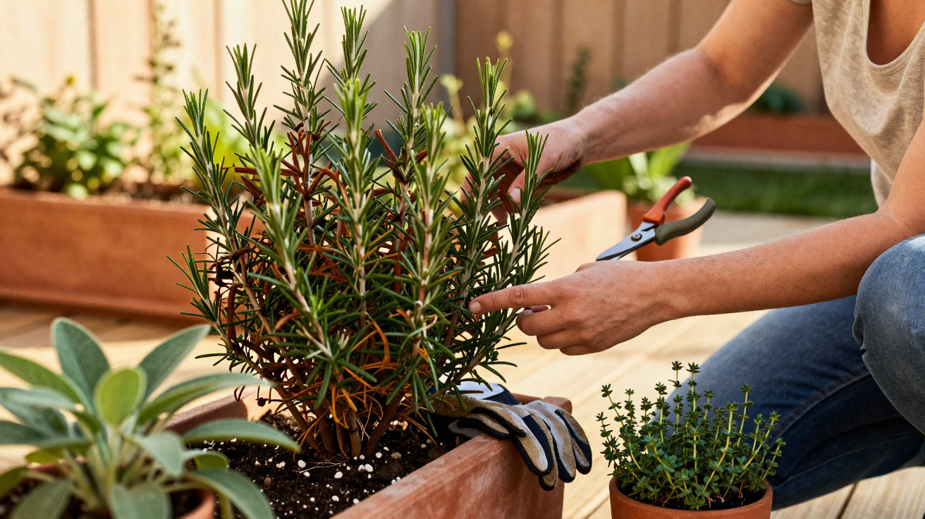 Person pruning rosemary plant in wooden planter on garden deck with gardening gloves and shears nearby