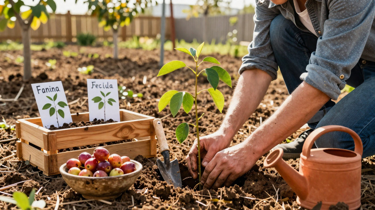 Person planting young sapling in garden with watering can, trowel, fruit bowl, and labelled seedling boxes nearby.