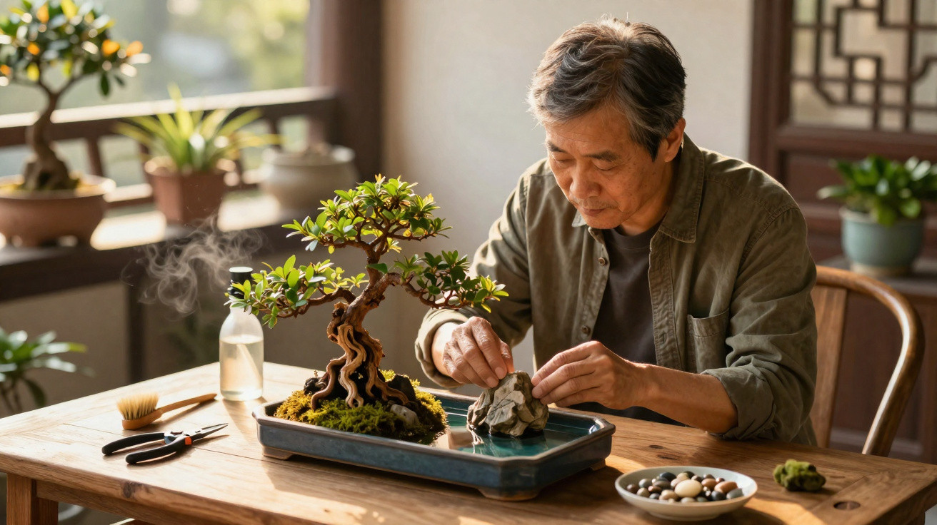 Elderly man carefully tending to a bonsai tree on a wooden table in a sunlit room.