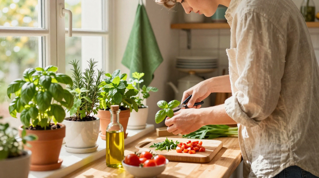 Person trimming fresh basil in a sunlit kitchen with potted herbs and chopping board of vegetables.