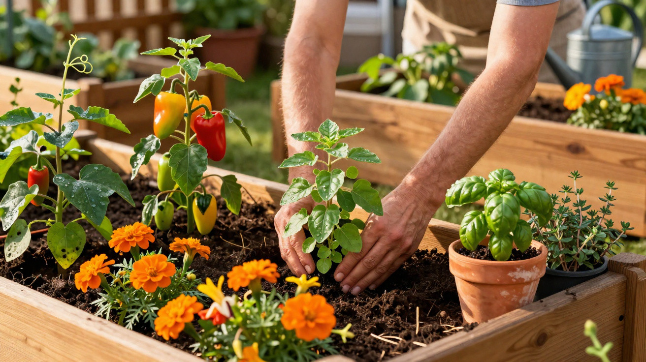 Person planting seedlings in a raised garden bed with flowers and potted herbs nearby.