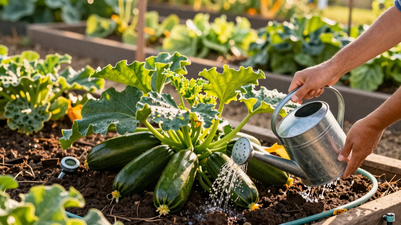 Person watering a zucchini plant growing in a raised garden bed on a sunny day.