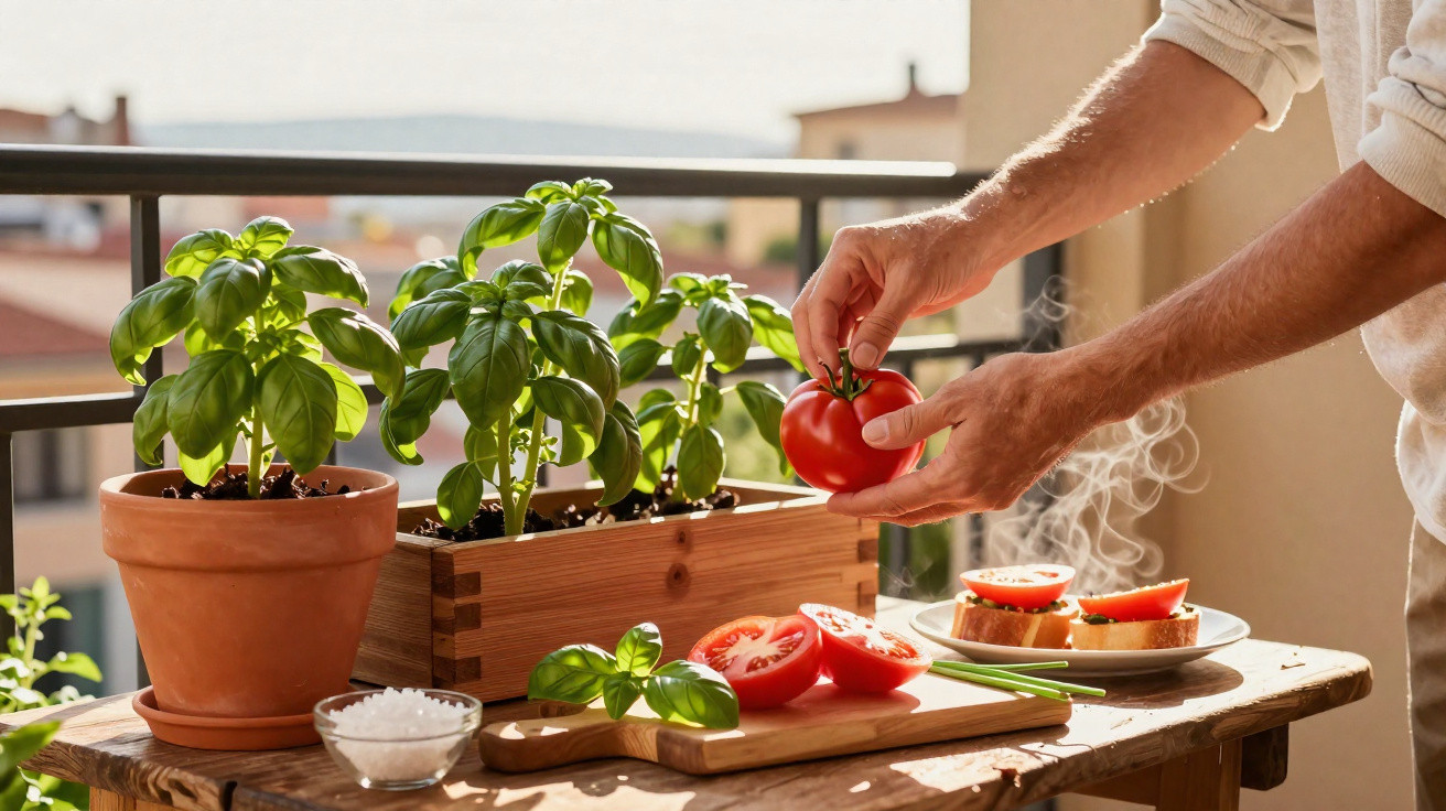 Person preparing fresh tomato slices next to basil plants on a wooden table outdoors in sunlight.