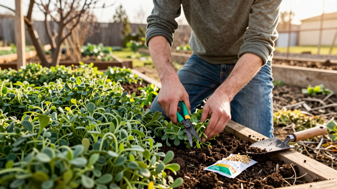 Person pruning young green plants in a raised garden bed with gardening tools and seed packet nearby.