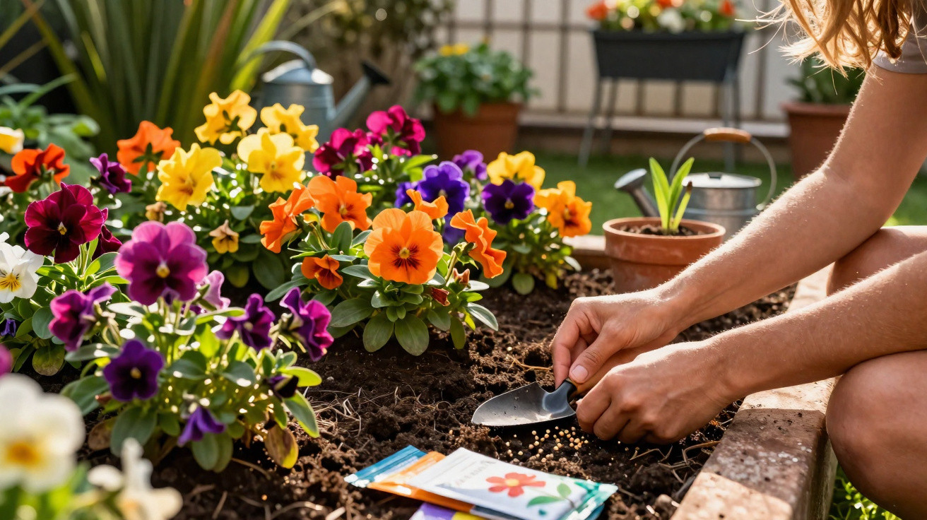 Hands planting seeds in a flower bed with colourful pansies in a garden on a sunny day.
