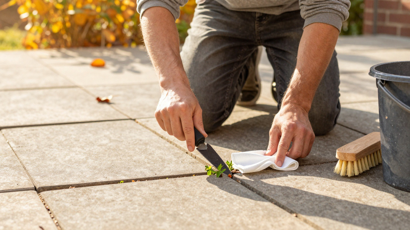 Person kneeling and removing weeds from patio joints with a knife, next to a brush and bucket.
