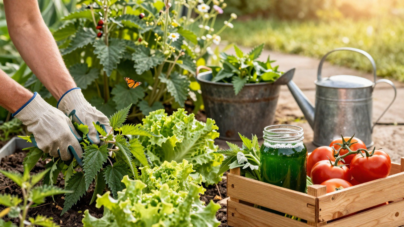 Hands wearing gloves pruning nettle plants in a garden with fresh lettuce, tomatoes, and watering can nearby.