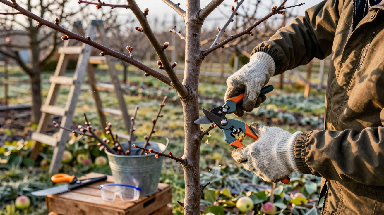 Person wearing gloves pruning fruit tree branches with shears in an orchard during autumn or early spring.